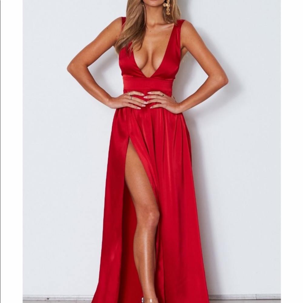 white fox red satin prom dress